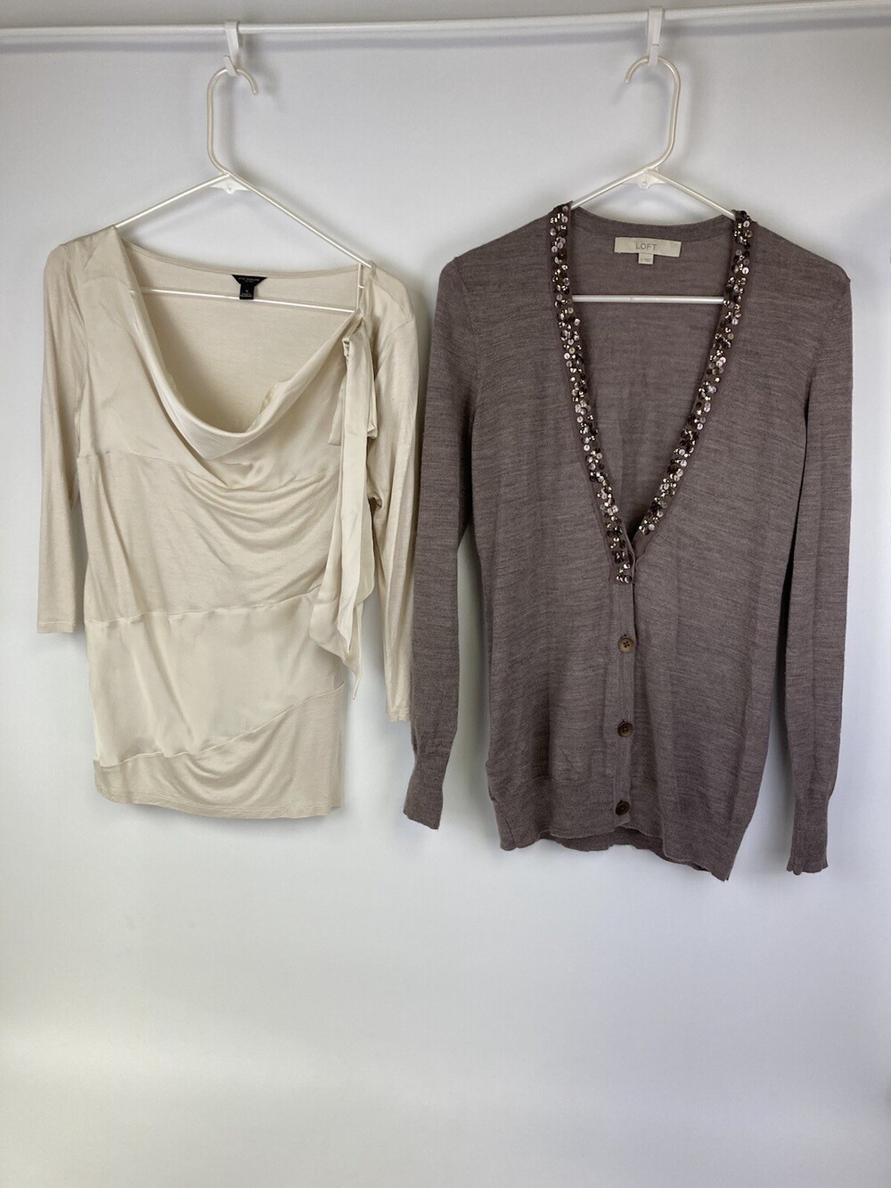 2 Pc Lot Ann Taylor Loft Size Small Career Cotton Gray Cardigan Sweater Tops Set